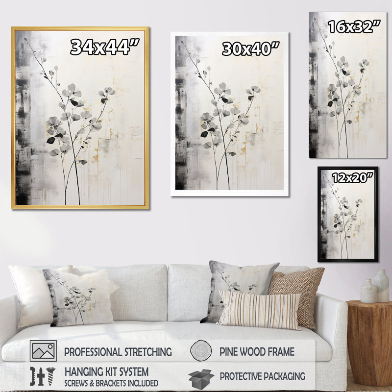 «Gray and White Herbs Minimal Harmony», reproduction sur toile, Cadre naturel flottant, H 40 po x l 30 po x P 1,5 po