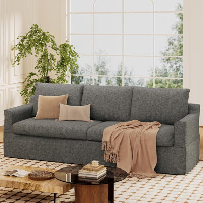 93" Slipcovered Chenille Sofa, 3-Seater Couch With Deep Seat & Removable Cover
