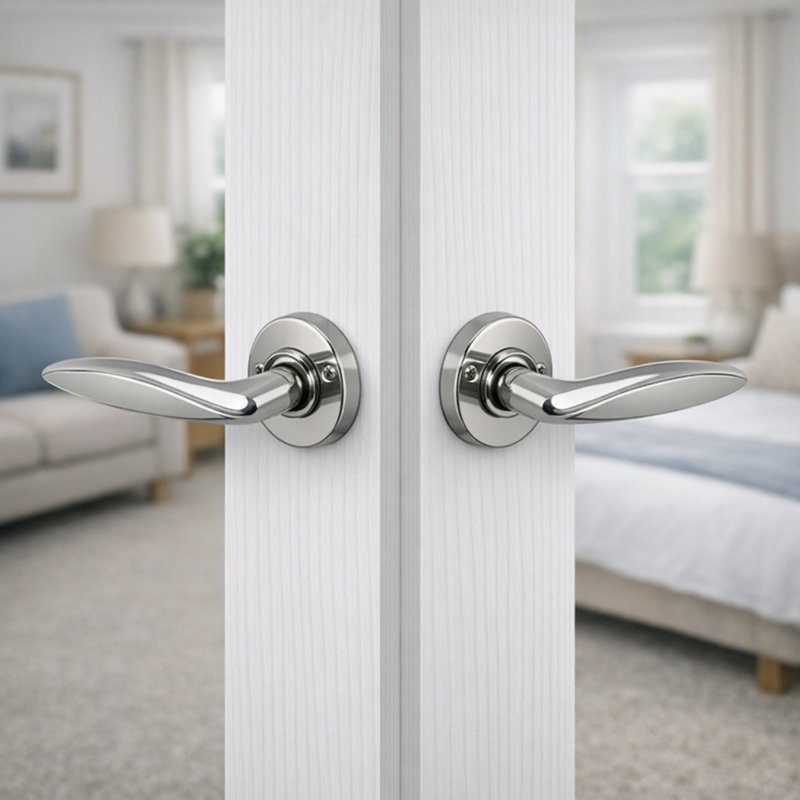 Modern Curved Lever Door Handle Set Brushed Silver Tone Door Furniture on Round Rose with Fixings