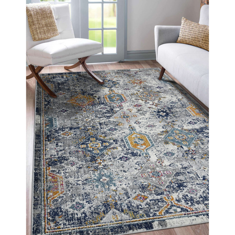 2' X 3' Blue And Orange Geometric Power Loom Area Rug,  Rectangle 5'3" x 7'6"
