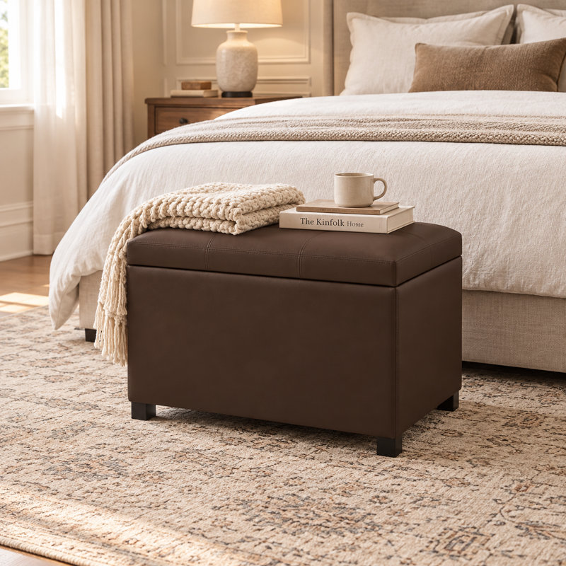 PU Faux Leather Storage Ottoman, Dark Brown, Black