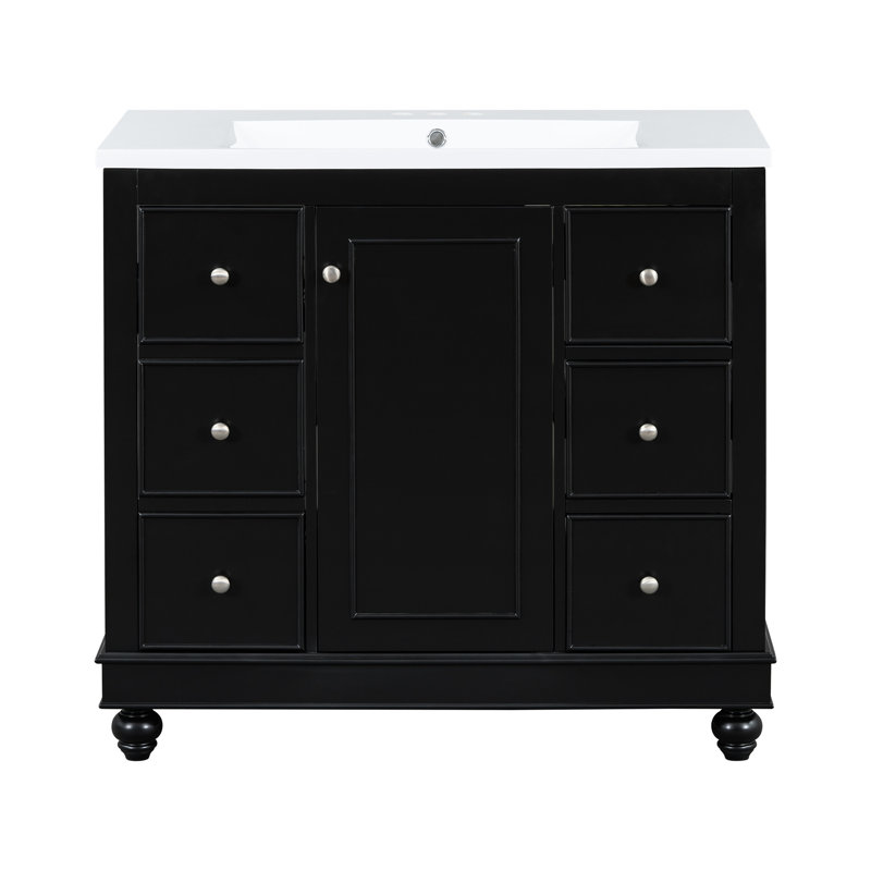 Meuble-lavabo contemporain de 36 po, 4 tiroirs et 1 porte, lavabo en résine, tablettes réglables, bois massif, meuble-lavabo et accessoires