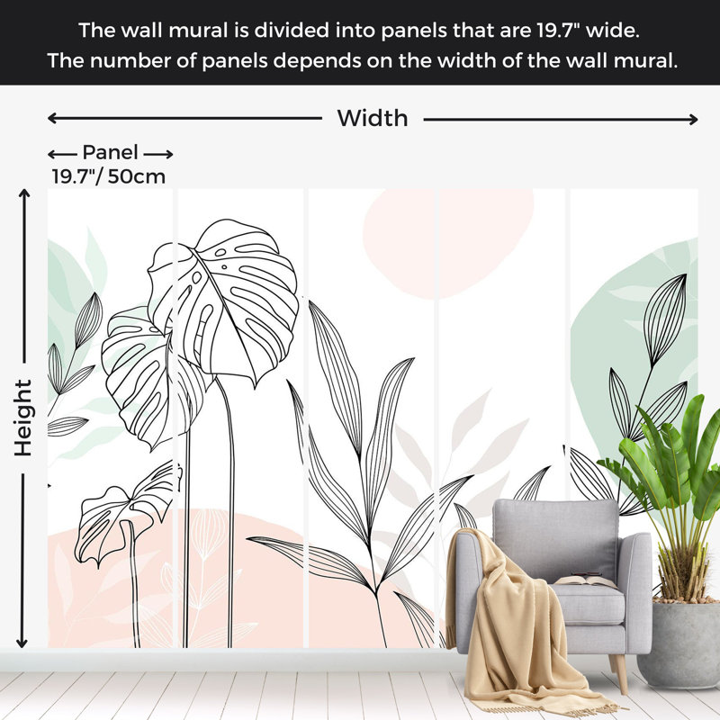 Papier peint botanique - Feuilles pastel, L 100 po x l 137 po