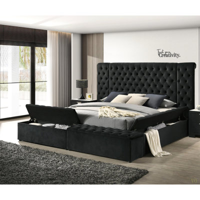 Luxueux meuble de chambre à coucher en bois avec grand lit double capitonné Glam