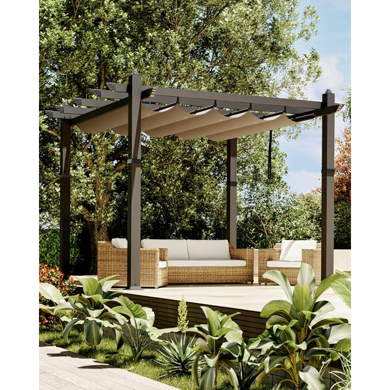 10x10 Retractable Pergola Aluminum Outdoor Pergola with Faux Wood Finish Retractable Canopy for Patio or Deck or Garden or Beach or Pavilion Gray and Khaki