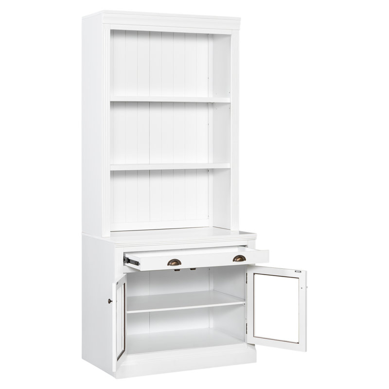 Bibliothèque blanche moderne de 83,4 po de hauteur avec 2 portes en verre, 1 tiroir, une tablette réglable et un tiroir lisse - en bois massif, matériau rectangulaire de style 3 tablettes ouvertes pour l'organisation de bureau en bois