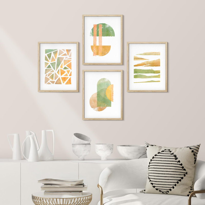 Décoration de salle de bain, pastel vert et jaune, motif abstrait, art mural encadré sur papier, impression de 4 pièces