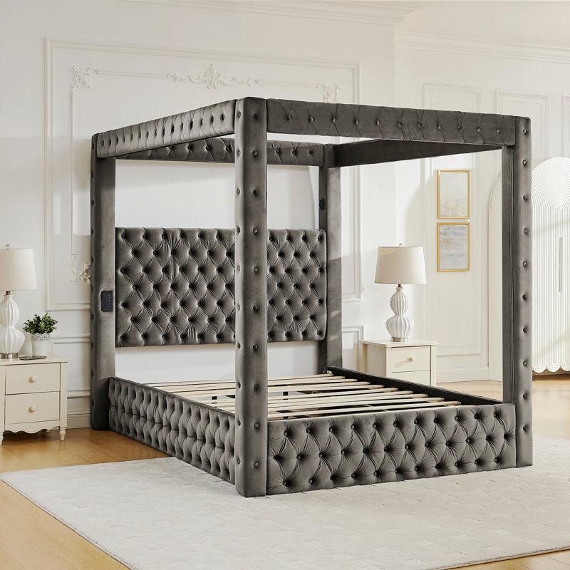 Structure de lit à baldaquin, lit plateforme tapissier avec tête de lit capitonnée, haut-parleur Bluetooth intégré, ports de charge USB-A et USB-C