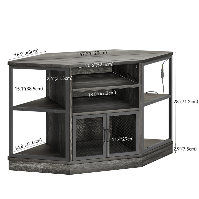 Kaitee 47W Corner TV Stand with LED Lights Media Storage for TVs up to 55" , Dark Gray