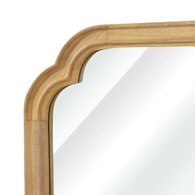 Natural Wood Color 20" x 30" Solid Wood Frame Rounded Corner Decorative Mirror, For Bedroom, Bathroom, Living Room, Entryway