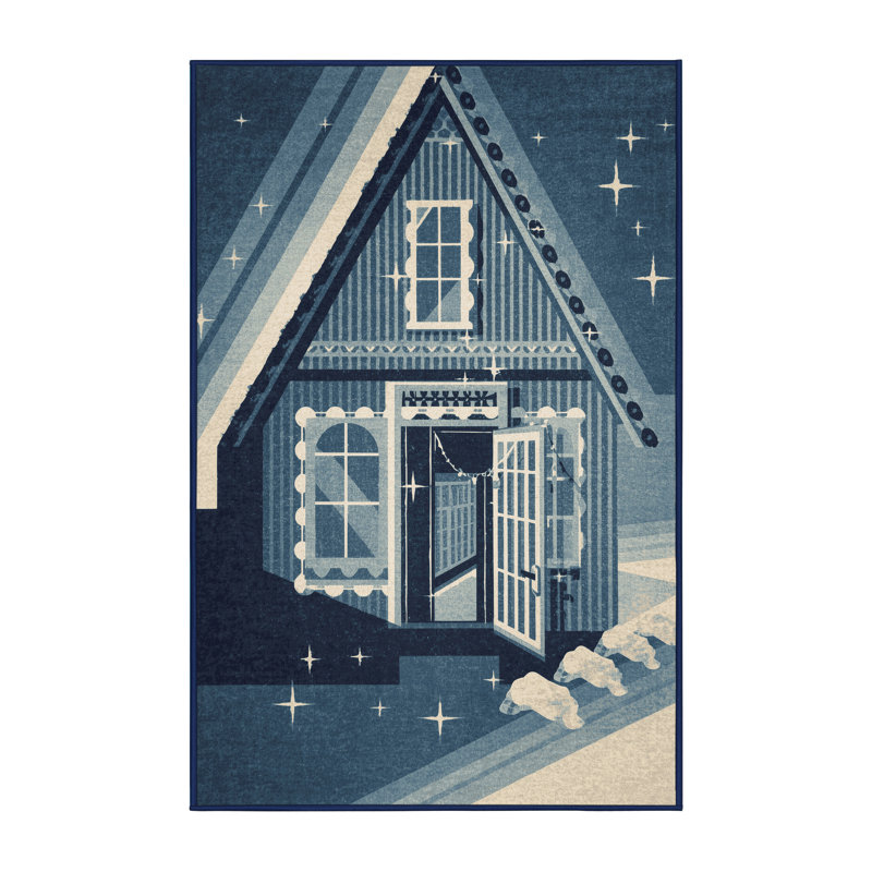 Machine Washable Templeton Christmas Gingerbread House Modern Block Print Rug in Gray – Navy Binding, 7x9
