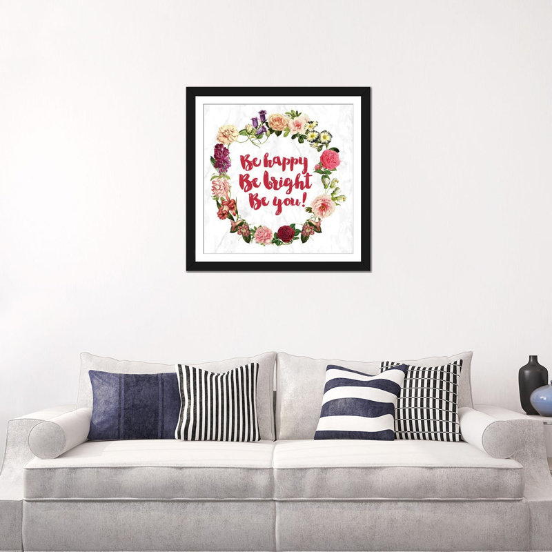 «Be Happy», impression sur toile, H 16 po x l 16 po x P 1 po, Papier beaux-arts encadré noir, Blanc