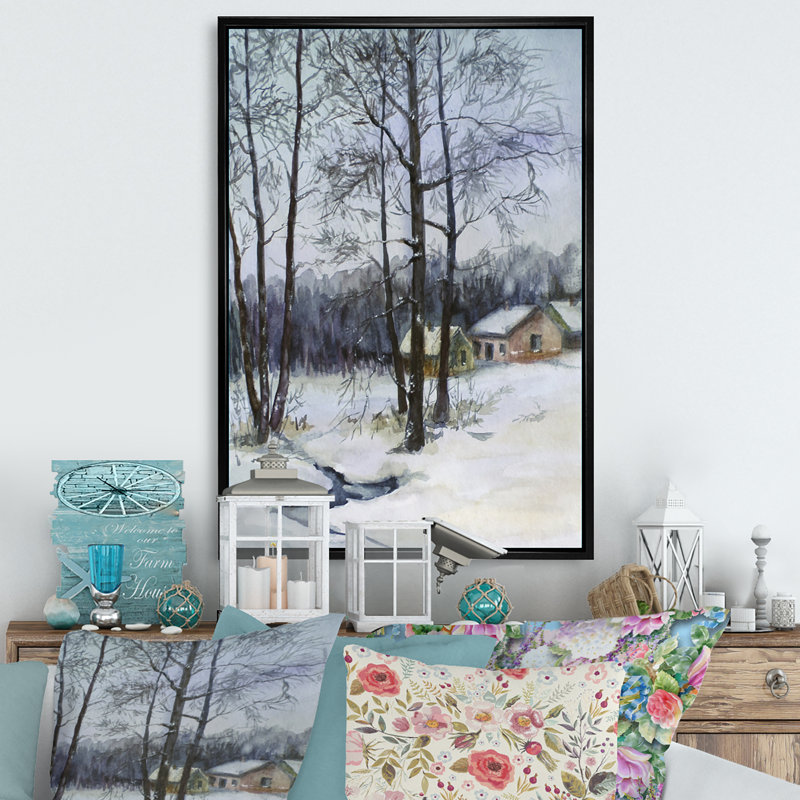 Cottage in Winter Landscape Scenery - Traditional, reproduction d'art sur toile