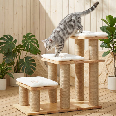 Solid Wood Pet Stairs with Scratching Post for Cats, Convertible Dog Ramp Holds Up to 200 lbs, 20" Height Helps Pets Reach High Bed & Sofa, Over 6 Setup Options, Dog & Cat Steps