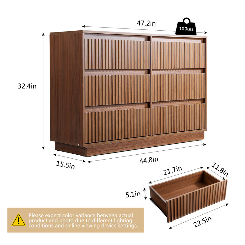 Commode double à 6 tiroirs 47,2 po avec panneaux ondulés Stanton, Noyer