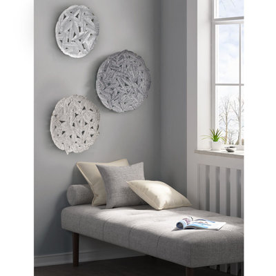 3 Textured Feather Metal Wall Decoration - Grey Shade, 20", 17.25", 14.25" , Indoor Hanging, Hook Ring With Hanging