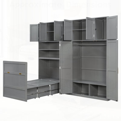 Murphy Cabinet Bed with Wardrobe, Storage Shelves, and 5-Tier LED Display, Perfect for Space-Saving and Modern Living.