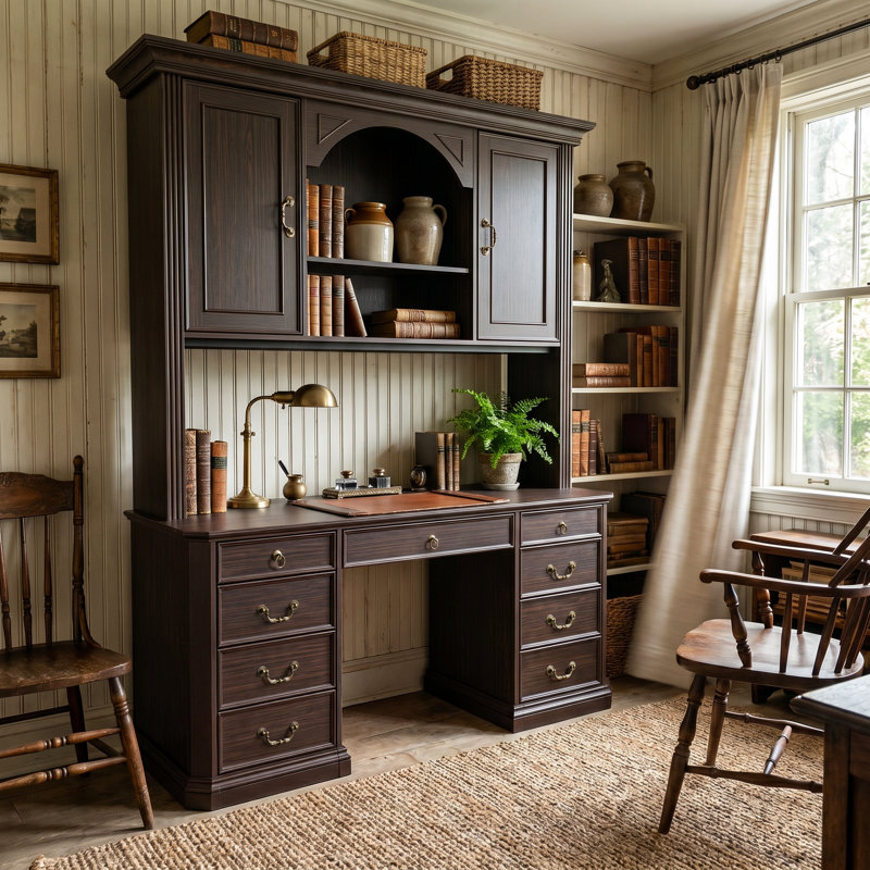 Bureau de direction traditionnel avec huche, bureau d'ordinateur à 9 tiroirs avec armoire de rangement, Brown