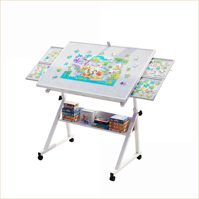 Table basse réglable en métal blanc pour adultes, table de casse-tête 1500 pièces avec 4 plateaux de rangement Roues verrouillables