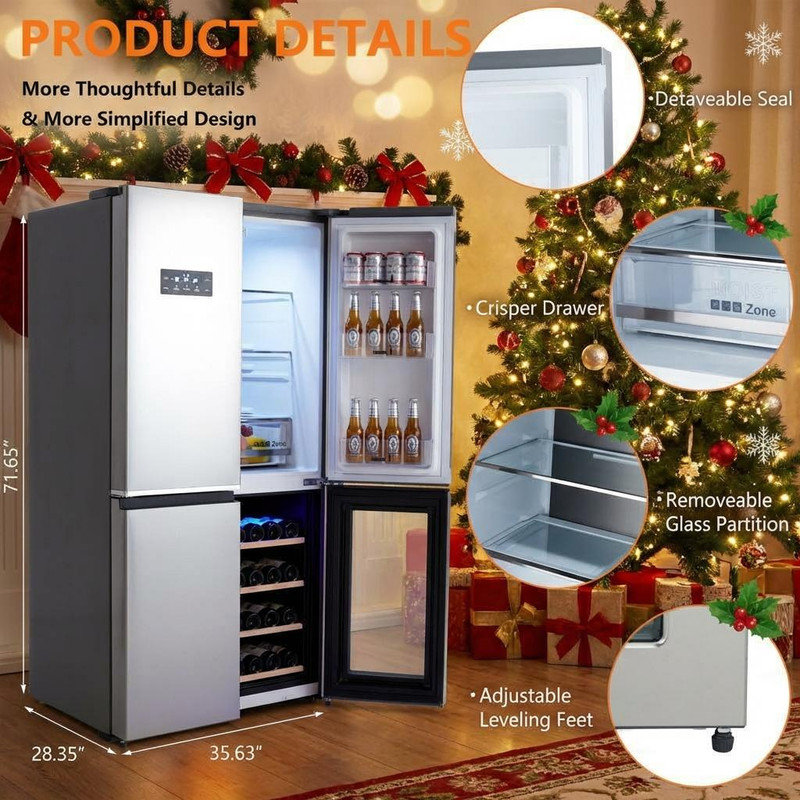 21 Cu. Ft French Door Counter Depth Stainless Steel Refrigerators with 4 Doors, Bottom Freezer, Interior Led Light, and Wine Cooler – Perfect for Kitchen, Office