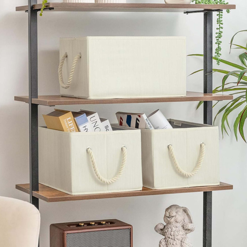 3 Pack Storage Baskets – Foldable Fabric Closet Organizer, Large, Beige White Ivory, Bedroom Closet
