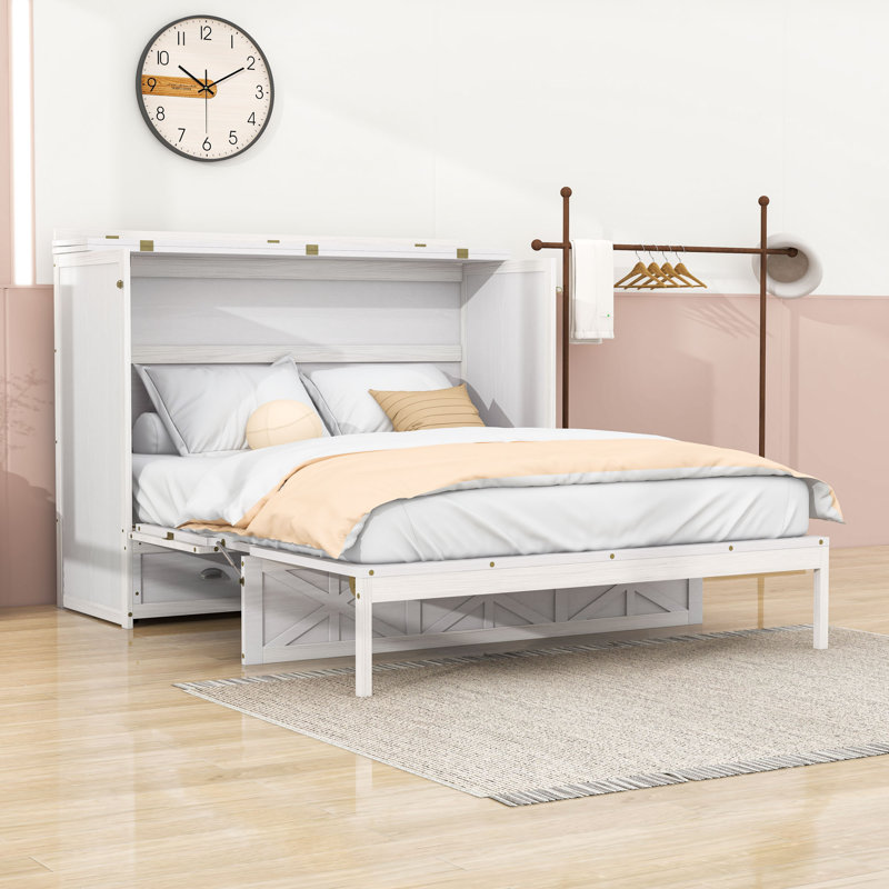 Grand lit escamotable en bois avec ports USB et tiroir, Blanc brossé