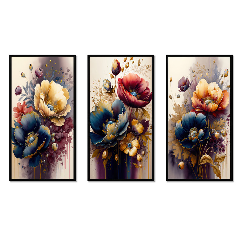 «Night Shade Poppy Floral Design», 3 pièces sur toile, Cadre flottant noir, H 32 po x l 48 po