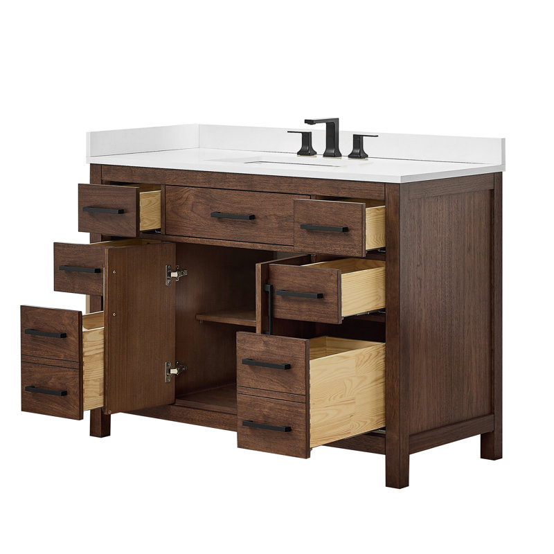 Beckett 48" Freestanding Single Bathroom Vanity with Quartz Top, Dark Walnut, Matte Black, White Quartz