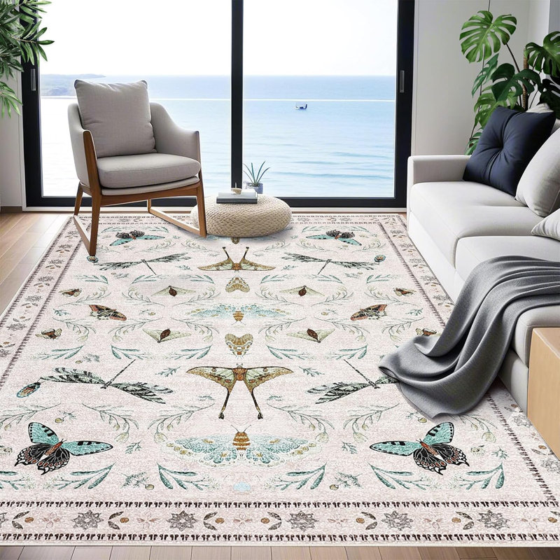 Insect Machine Washable Soft Area Rug for Living Room, Low Pile Non-Slip, Under Bed Thin, Black Farmhouse Style.