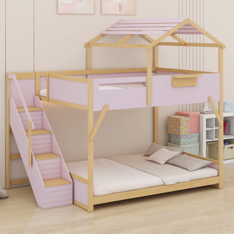 Lit superposé élégant pour enfants avec escalier pratique et lumières DEL, Full over Full, Pink
