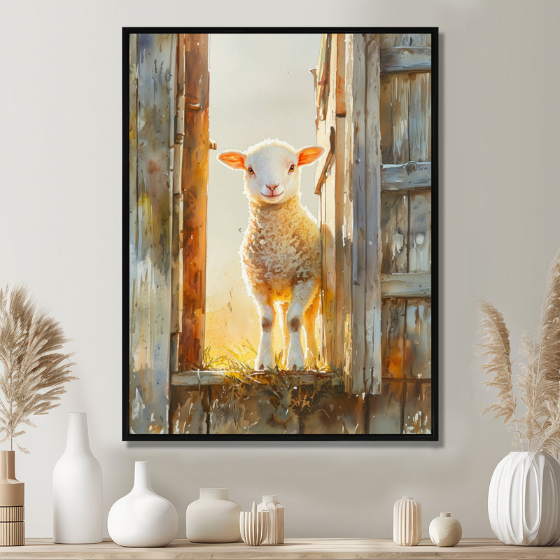 Dorottya Photo of Sheep Portrait at The Barn - Art mural de mouton, H 32 po x l 16 po, Impression encadrée flottante, Noir