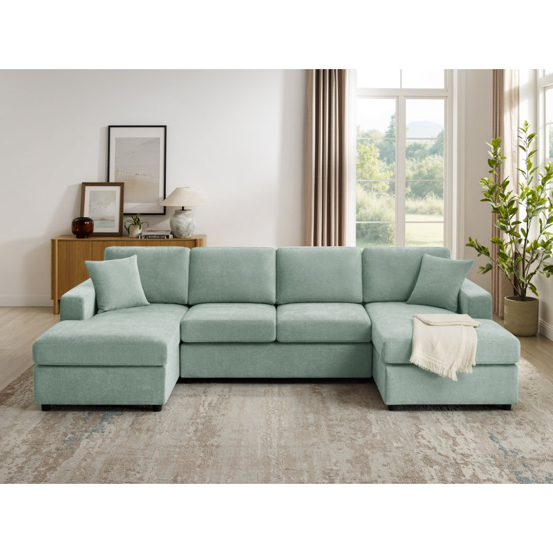 Canapé modulaire en U en velours côtelé et chenille l 118,11 po Kujtesa, Chenille menthe