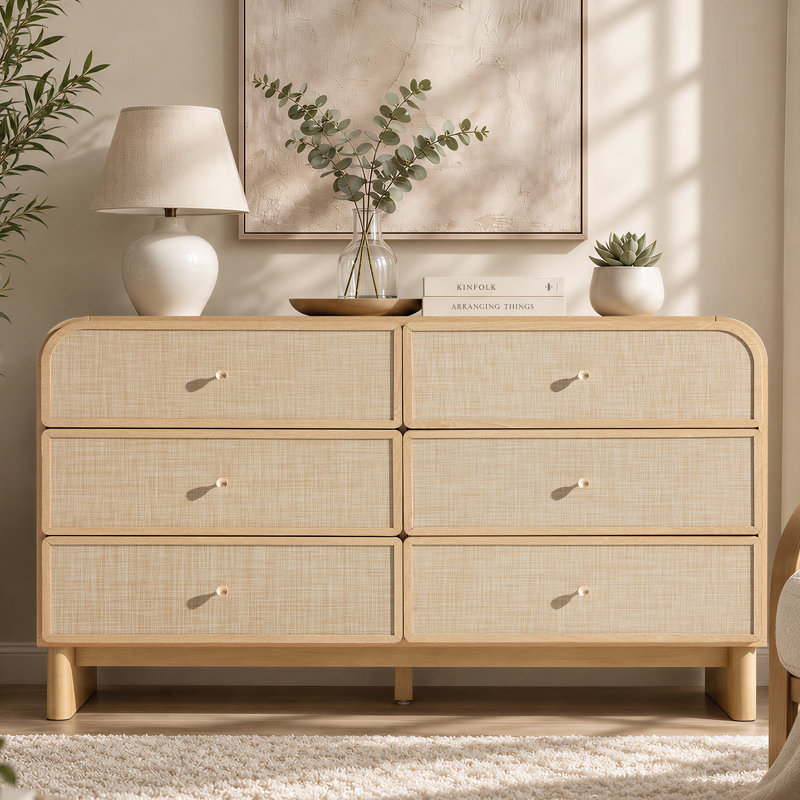Commode en rotin à 6 tiroirs avec coins arrondis, 140 cm de largeur, meuble télé moderne et robuste, Chêne