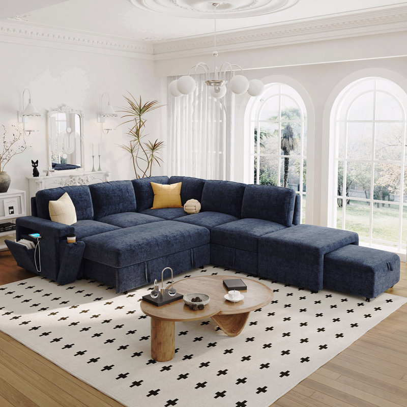 U_STYLE Canapé modulaire rembourré en L avec espace de rangement, Polyester bleu