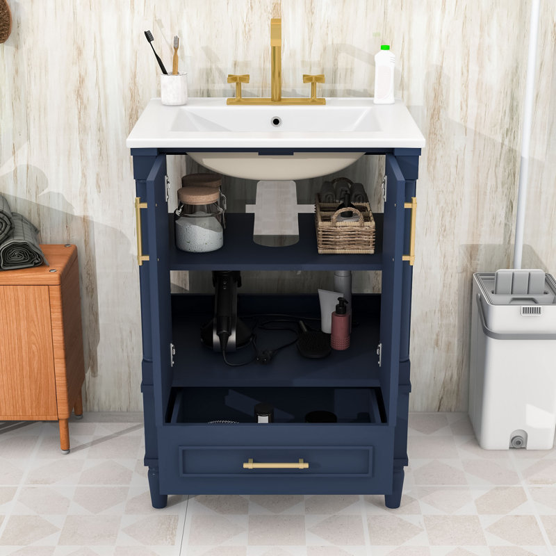 Meuble-lavabo avec pieds français sculptés, lavabo en céramique, tablette réglable et tiroir, Blue