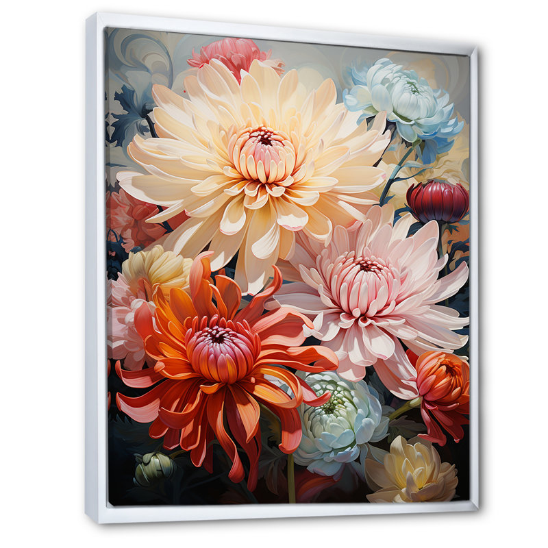 Mums Organic Flow Curved Stems - Art mural sur toile, "Mums", H 32 po x l 24 po x P 1 po, Cadre flottant blanc