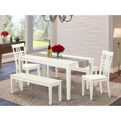 Ensemble de table de salle à manger 5 pièces comprenant une table de cuisine rectangulaire et 2 chaises de salle à manger avec 2 bancs, lin blanc