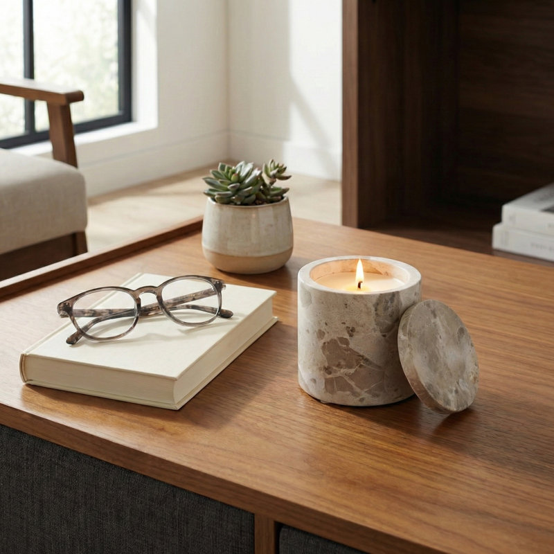 Bougie décorative en pierre de marbre avec couvercle pour le salon - décor moderne parfumé pour la chambre à coucher, la bibliothèque ou la table basse