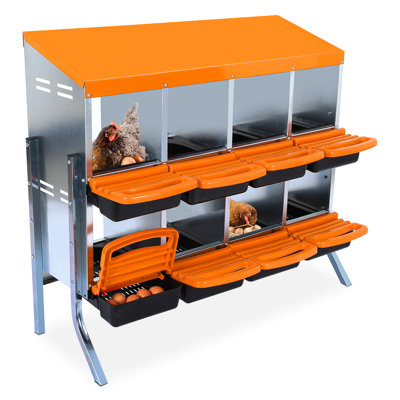 Metall Legenest für Hühner – 8 Fächer, abnehmbarer Deckel, Roll Away Design, Belüftung, einfach zu reinigen – mit Standfuß, orange Farbe