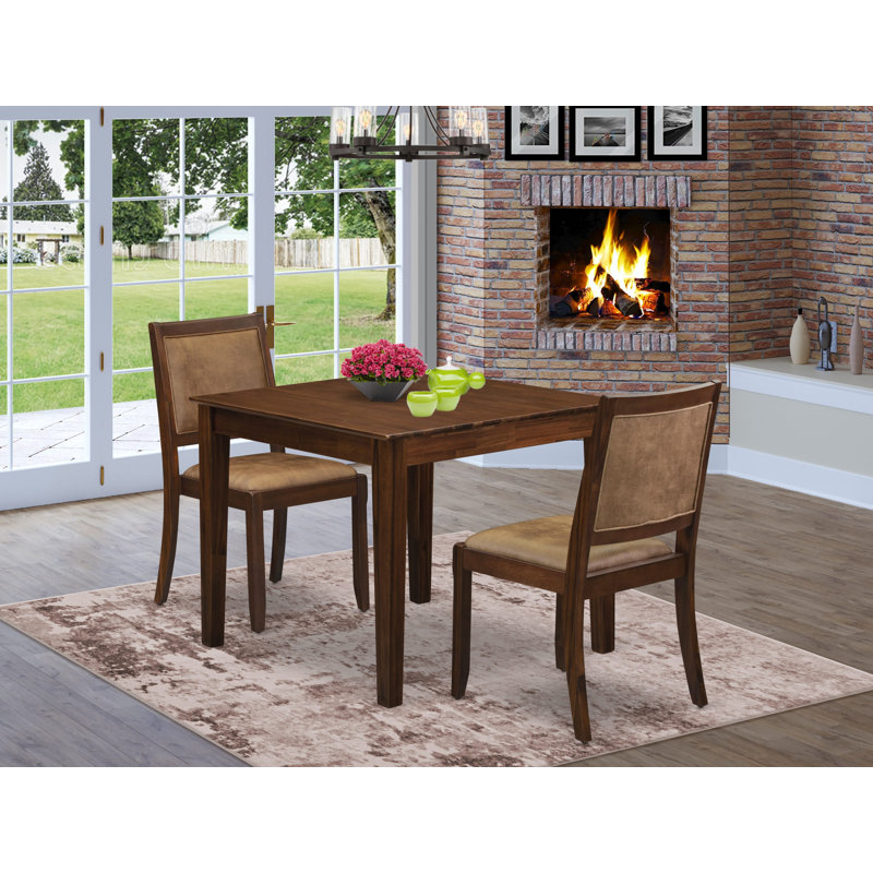 3-piece Dining Room Table Set consists of a square Kitchen Table and 2 Brown Texture Polyester Fabric stackable Chair, Antique Walnut Finish
