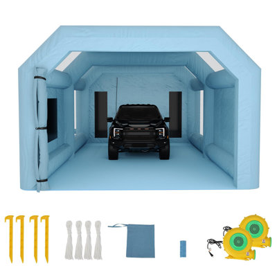 Cabine de peinture gonflable portable - Tente de pulvérisation extérieure 28 x 15 pi pour projets de voiture, de camion et de meubles - Soufflerie double de 950 W