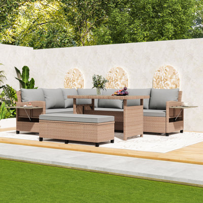 5-Piece PE Wicker Outdoor Conversation Set with Extendable Side Tables and Comfortable Cushions