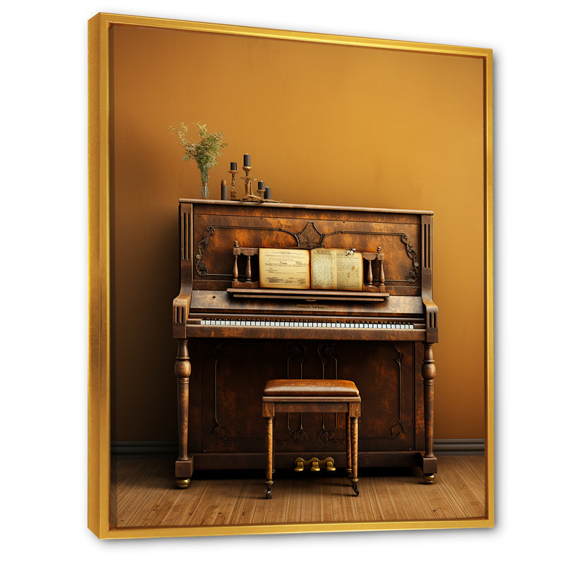 Vintage Piano Rustic Melody III - impressions sur toile de piano, Cadre flottant doré, H 32 po x l 24 po