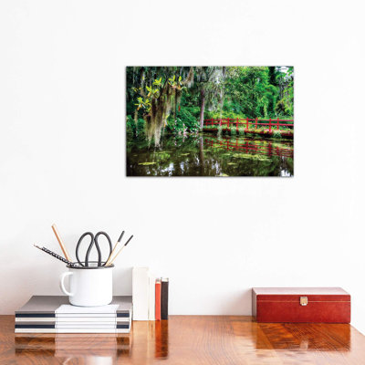 Little Red Footbridge Over a Pond, Magnolia Plantation, Charleston, South Carolina 1 Piece Wrapped Canvas Wall Art