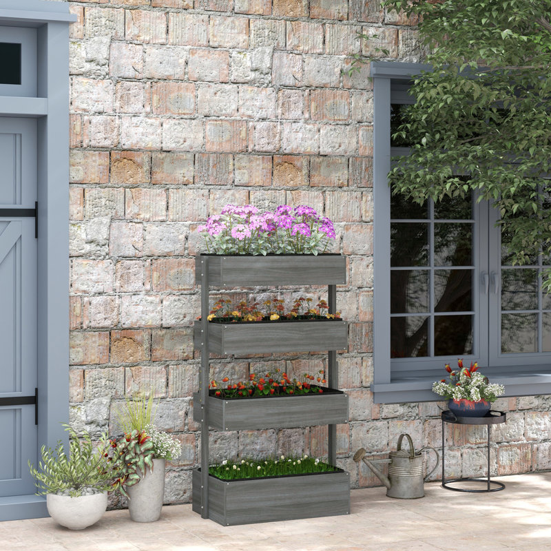 Boîte à fleurs verticale en bois gris, 4 étages pour plantes d'extérieur, auto-drainant avec fleurs en tissu non tissé, légumes, herbes, non tissé, finition