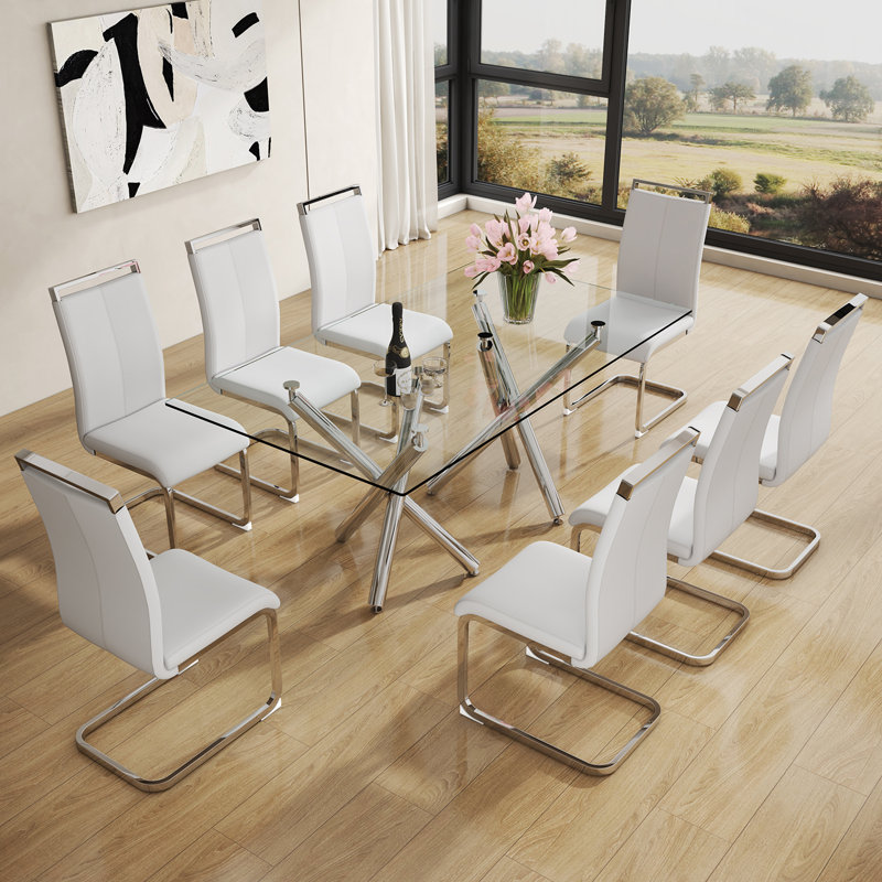 Daarina Modern Dining Table Set, Large Rectangular Glass Table with Silver X-Base and Faux Leather Cantilever Chairs, White