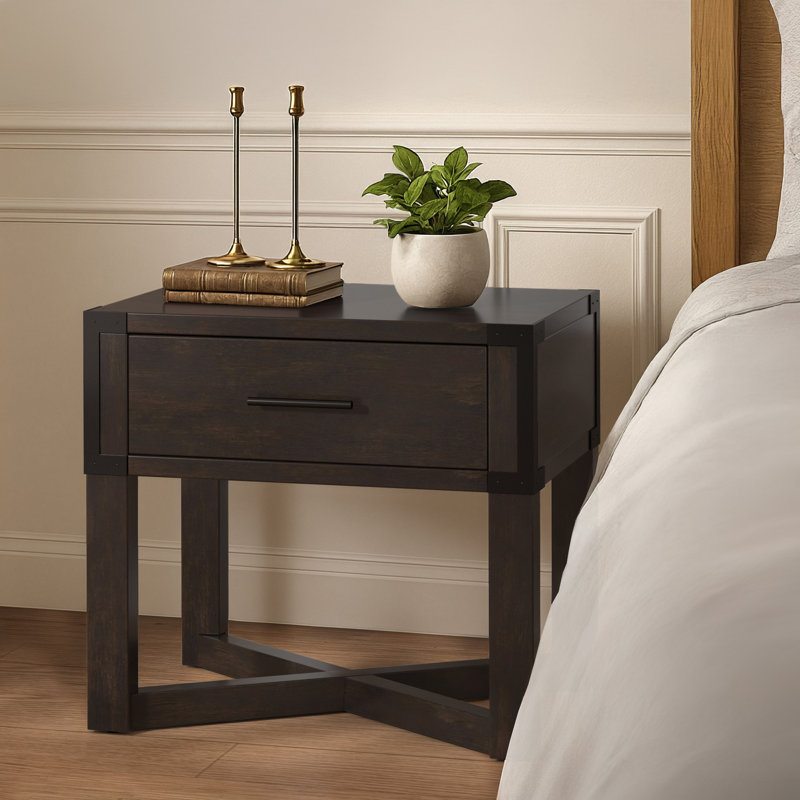 Arcadia Wood Finish X-Base End Table With Drawer Storage, Antique Black