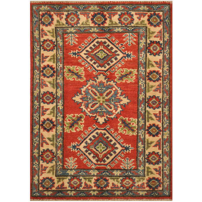 Tapis de zone en laine 2 pi x 3 po one-of-kind à la main noué la kazak rouille Sebastienne