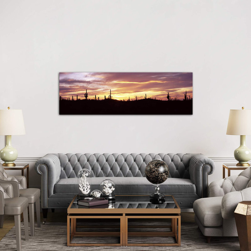 Silhouette Of Saguaro Cacti (Carnegiea Gigantea) On A Landscape, Saguaro National Park, Tucson, Pima County, Arizona, USA - No Frame Panoramic Print on Canvas