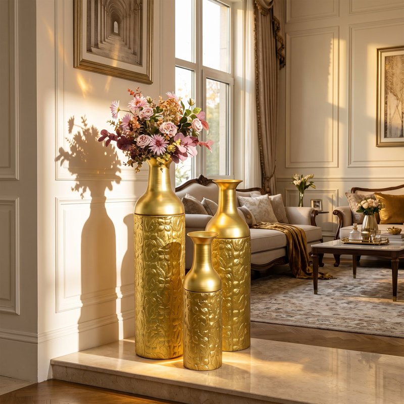 Ensemble de 3 vases de sol décoratifs en métal, or, Or - floral